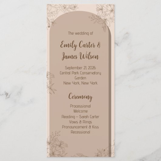 Elegant Beige Floral Wedding Programm (Vorderseite)