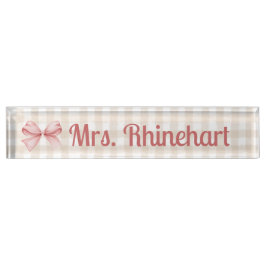 Elegant Beige Gingham mit Bow Accent Custom Namensplakette