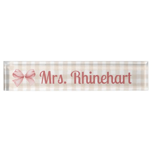 Elegant Beige Gingham mit Bow Accent Custom Namensplakette (Vorderseite)