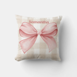Elegant Beige Gingham mit rosa Bow Akzent Custom Kissen