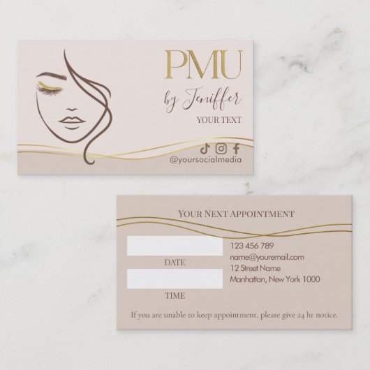 Elegant Beige & Gold PMU appointment Terminkarte (Vorne/Hinten)