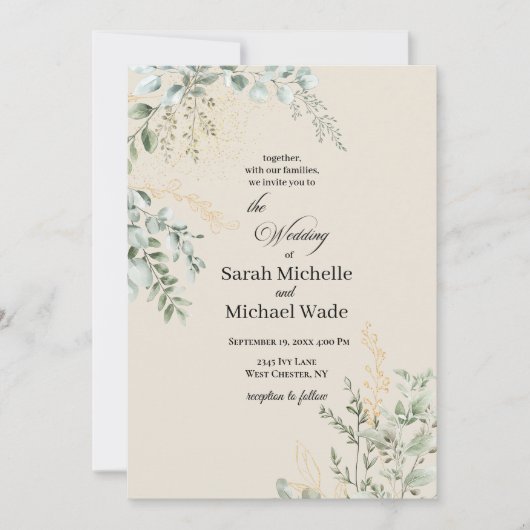 Elegant Beige Greenery Wedding Invitation Einladung (Vorderseite)