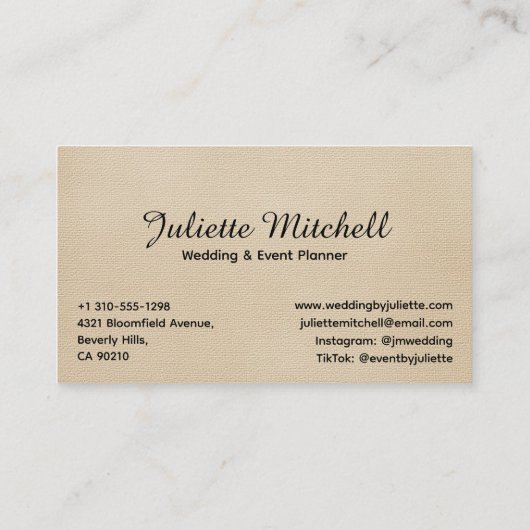 Elegant Beige Linen Event & Wedding Planner Card Visitenkarte (Rückseite)