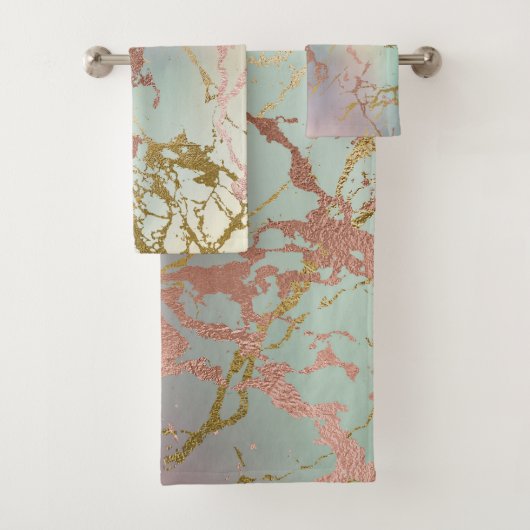 Elegant Beige Marble | Minze Sage Green Rose Gold Badhandtuch Set (Insitu)
