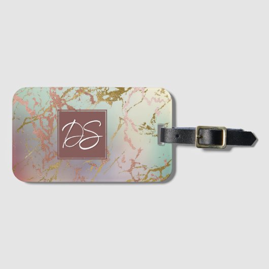 Elegant Beige Marble | Sage and Rose Gold Monogram Gepäckanhänger (Vorderseite (Horizontal))