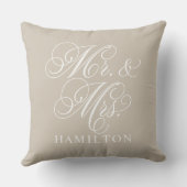 Elegant Beige Mr. und Mrs. Script Custom Monogram Kissen (Rückseite)