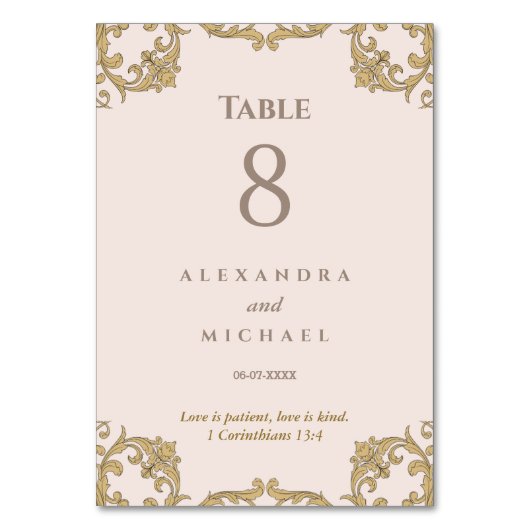 Elegant Beige Ornate Baroque Christian Wedding Tischnummer (Vorderseite)