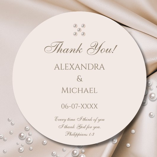 Elegant Beige Pearl Christian Wedding Thank You Runder Aufkleber