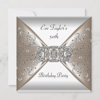 Elegant Beige Silver White 50. Geburtstagsparty Einladung