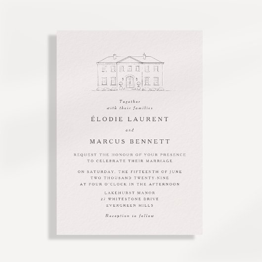 Elegant Beige Venue Sketch Wedding Invitation Einladung