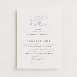 Elegant Beige Venue Sketch Wedding Invitation Einladung