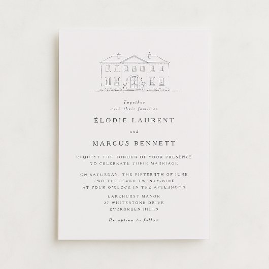 Elegant Beige Venue Sketch Wedding Invitation Einladung