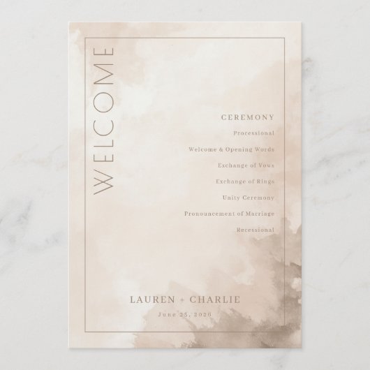 Elegant Beige Watercolor Ceremony Schedule Programm (Vorderseite)