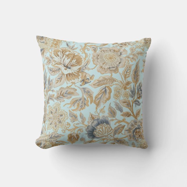 Elegant,Beigie Gold Soft Blue Flowers Pattern Kissen (Vorderseite)