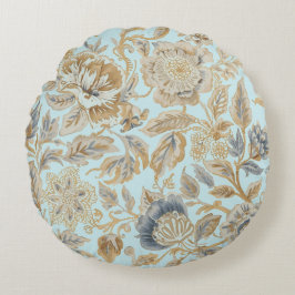 Elegant,Beigie Gold Soft Blue Flowers Pattern Rundes Kissen