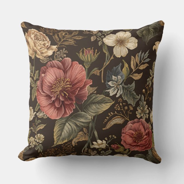 Elegant, Beigie Maroon Brown Flowers Pattern Kissen (Vorderseite)