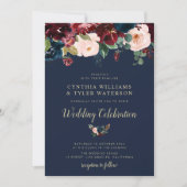 Elegant bemalt Bordeaux & Navy Blumenhochzeit Einladung (Vorderseite)