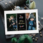 Elegant bemalt Holly Zwei Foto frohe Weihnachten Folien Feiertagskarte<br><div class="desc">Diese stilvollen Weihnachtskarten verfügen über zwei Fotovorlagen und ein Farbblock-Zentrum (Schwarz - Farbe kann auf Wunsch angepasst werden). Zu den Gestaltungselementen zählen das moderne typografische Lesen, "Frohe Weihnachten" in realer Folie (Gold, Rose, Gold oder Silber), sowie zwei heilige Beeren und Blätter. Eine rechteckige Kontur aus Folie fügt eine Touch Klasse...</div>