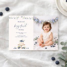 Elegant Berry First Blueberry Birthday Cake Photo Einladung