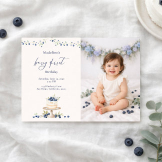 Elegant Berry First Blueberry Birthday Cake Photo Einladung