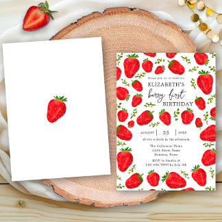 Elegant Berry First Red Strawberry 1. Geburtstag Einladung