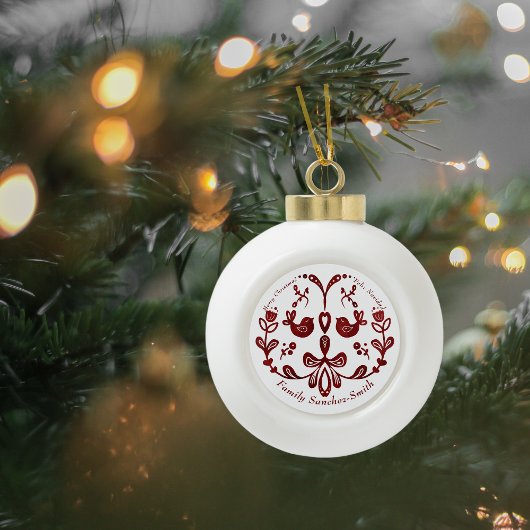 Elegant Bilingual Burgundy Birds Keramik Kugel-Ornament