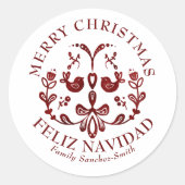 Elegant Bilingual Burgundy Birds Weihnachten Runder Aufkleber (Vorderseite)
