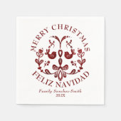 Elegant Bilingual Burgundy Birds Weihnachten Serviette (Vorderseite)