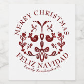 Elegant Bilingual Burgundy Birds Weihnachten Weinetikett (Einzelnes Label)