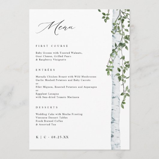 Elegant Birch Tree Aspen Greenerity Wedding Menu Menükarte (Vorderseite)