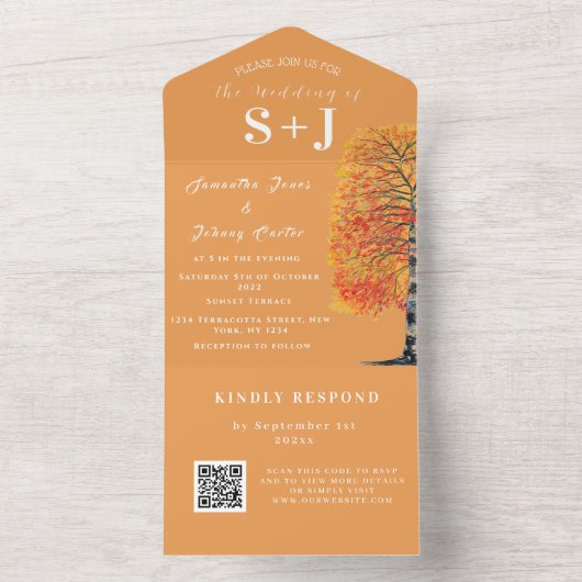 Elegant Birch Tree Fall QR Code Wedding RSVP All In One Einladung (Innen Boden)