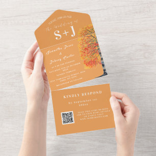 Elegant Birch Tree Fall QR Code Wedding RSVP All In One Einladung
