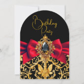 Elegant Birthday Black Gold Red Bow Jewel Damask Einladung (Vorderseite)