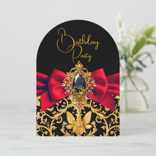 Elegant Birthday Black Gold Red Bow Jewel Damask Einladung (Stehend Vorderseite)
