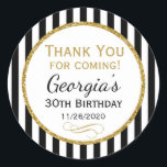 Elegant Birthday Black Gold Vielen Dank für Ihre U Runder Aufkleber<br><div class="desc">Elegante Geburtstagsticker mit schwarz-weißen Streifen mit edlem goldenen Glitzer-Akzent. Diese modischen und stilvollen Geburtstagsaufkleber sind ein Hit für jede Geburtstagsfeier oder als Gunst-Tags. Ideal für den 21. 30. 35. 40. 45. 50. 60. 65. 70. 75. 80. 85. 90. 95., 100 und jedes Alter! Sie sagen: "Danke, dass du gekommen bist."...</div>
