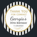 Elegant Birthday Black Gold Vielen Dank für Ihre U Runder Aufkleber<br><div class="desc">Elegante Geburtstagsticker mit schwarz-weißen Streifen mit edlem goldenen Glitzer-Akzent. Diese modischen und stilvollen Geburtstagsaufkleber sind ein Hit für jede Geburtstagsfeier oder als Gunst-Tags. Ideal für den 21. 30. 35. 40. 45. 50. 60. 65. 70. 75. 80. 85. 90. 95., 100 und jedes Alter! Sie sagen: "Danke, dass du gekommen bist."...</div>