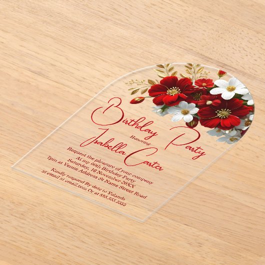 Elegant Birthday Bright Red White Gold Floral Acryleinladungen (Ablage )