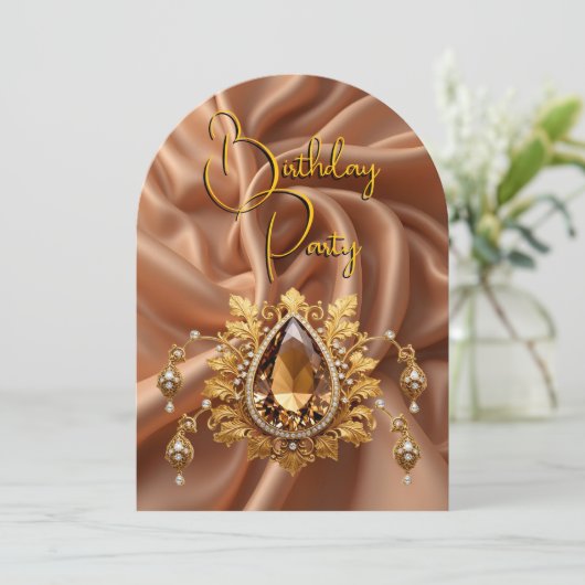 Elegant Birthday Caramel Gold Jewel Diamonds Einladung (Stehend Vorderseite)