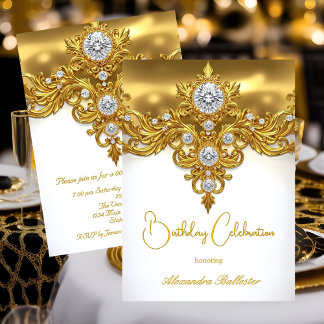 Elegant Birthday Celebration White Gold Diamonds Einladung