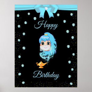 Elegant Birthday Genie, Magic Lamp & Gems auf Schw Poster