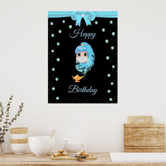Elegant Birthday Genie, Magic Lamp & Gems auf Schw Poster (Küche)