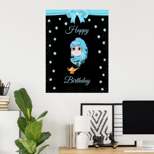 Elegant Birthday Genie, Magic Lamp & Gems auf Schw Poster (Heimbüro)