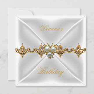 Elegant Birthday Gold Jewel White Silk Einladung