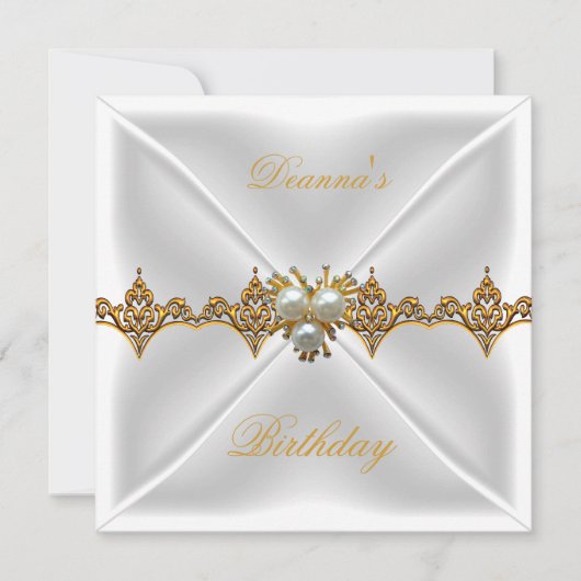 Elegant Birthday Gold Jewel White Silk Einladung (Vorderseite)