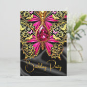 Elegant Birthday Hot Pink Black Gold Jewel Einladung (Stehend Vorderseite)