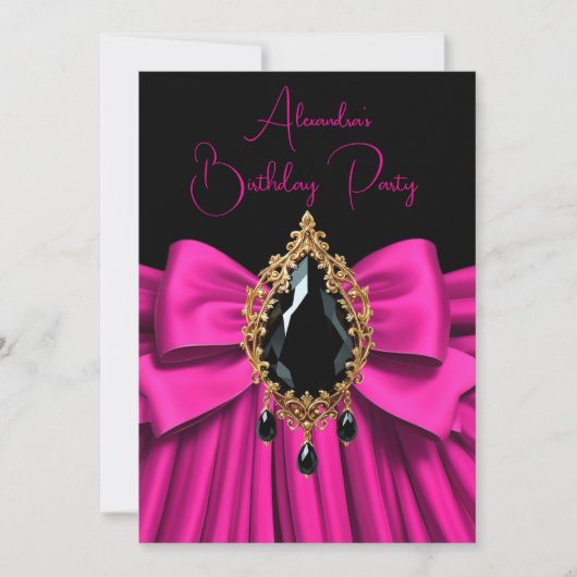 Elegant Birthday Hot Pink Gold Juwel Black Einladung (Vorderseite)