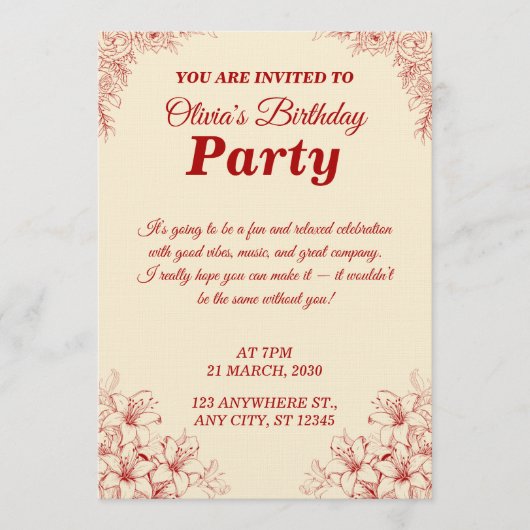 Elegant Birthday Invitation Card – Custom Floral D Einladung (Vorderseite)