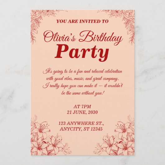 Elegant Birthday Invitation Card – Floral Design Einladung (Vorderseite)