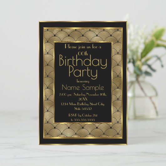 Elegant Birthday Party Black Gold Art Deco 1930er Einladung (Stehend Vorderseite)
