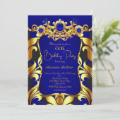Elegant Birthday Party Blue Gold Black Damask Gems Einladung (Stehend Vorderseite)